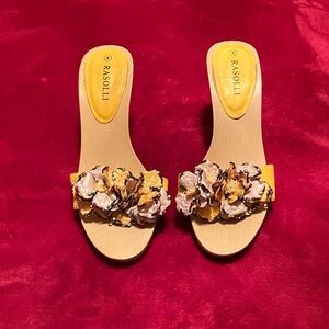 Rasolli Women's Yellow and Floral Embellished Sandals
